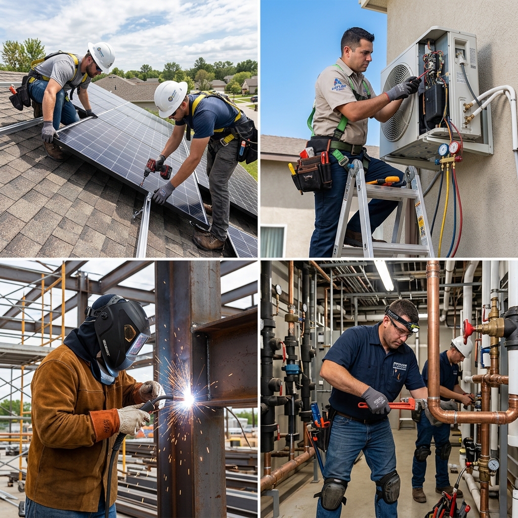 TechFix engineers working on solar panels, AC units, welding, and plumbing